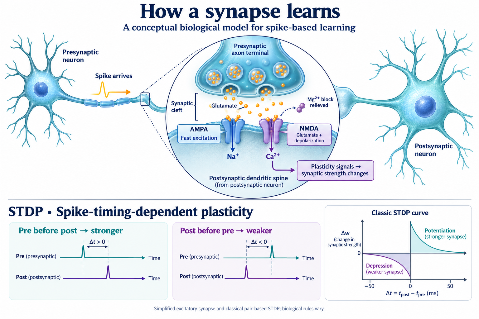Two neurons connected by a synapse. A presynaptic spike triggers glutamate release. AMPA provides fast excitation; NMDA links glutamate and depolarization to calcium-driven plasticity. Classical STDP strengthens connections for pre-before-post spikes and weakens them for the reverse order.